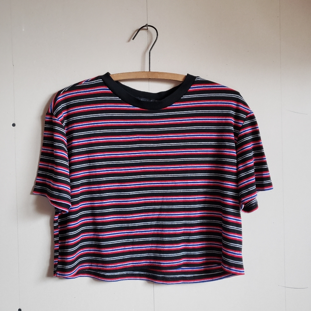4/$20 Striped Kendall & Kylie womens crop top tshirt sz L black red blue white